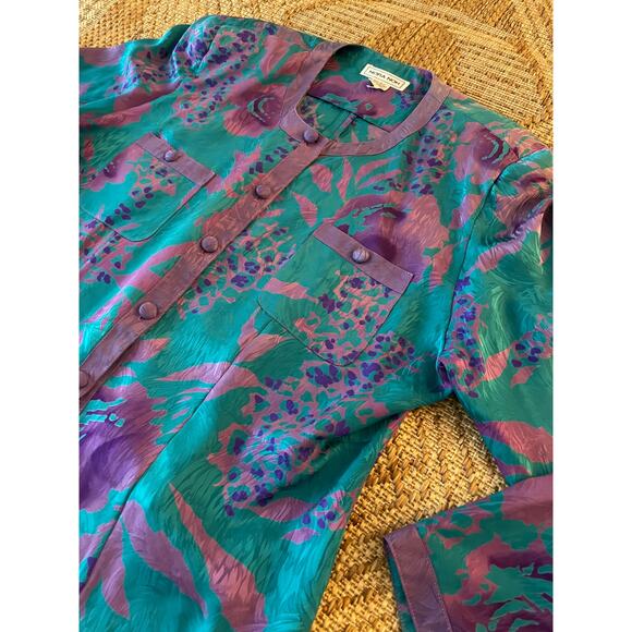 80's Vintage NORA NOH cropped silk Blazer floral abstract Size 16 - Picture 2 of 8